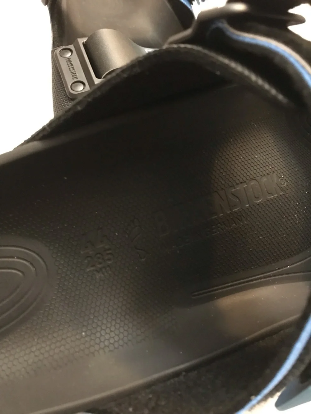 Birkenstock Light Blue and Black Dual-Strap Slides